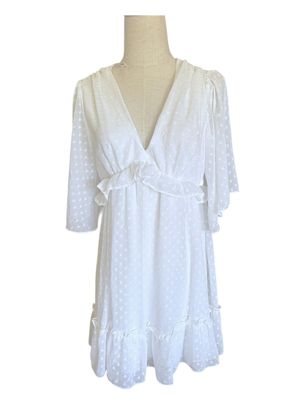 B DARLIN White Swiss Dot V-Neck Ruffle Boho Mini Dress